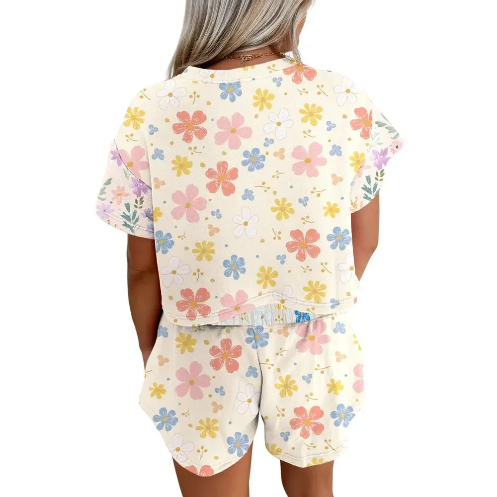Floral Print Crop Top Wide Leg Short Set New Sizes S M L XL
